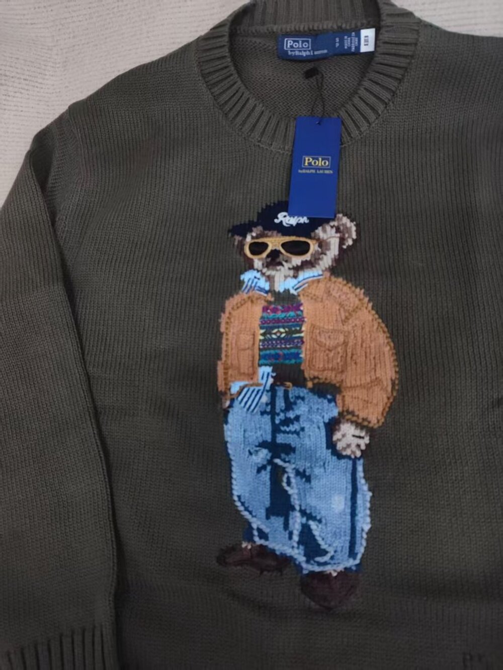 Size:S Polo Ralph Lauren Polo Bear Olive Green Knit Sweater - Picture 2 of 6